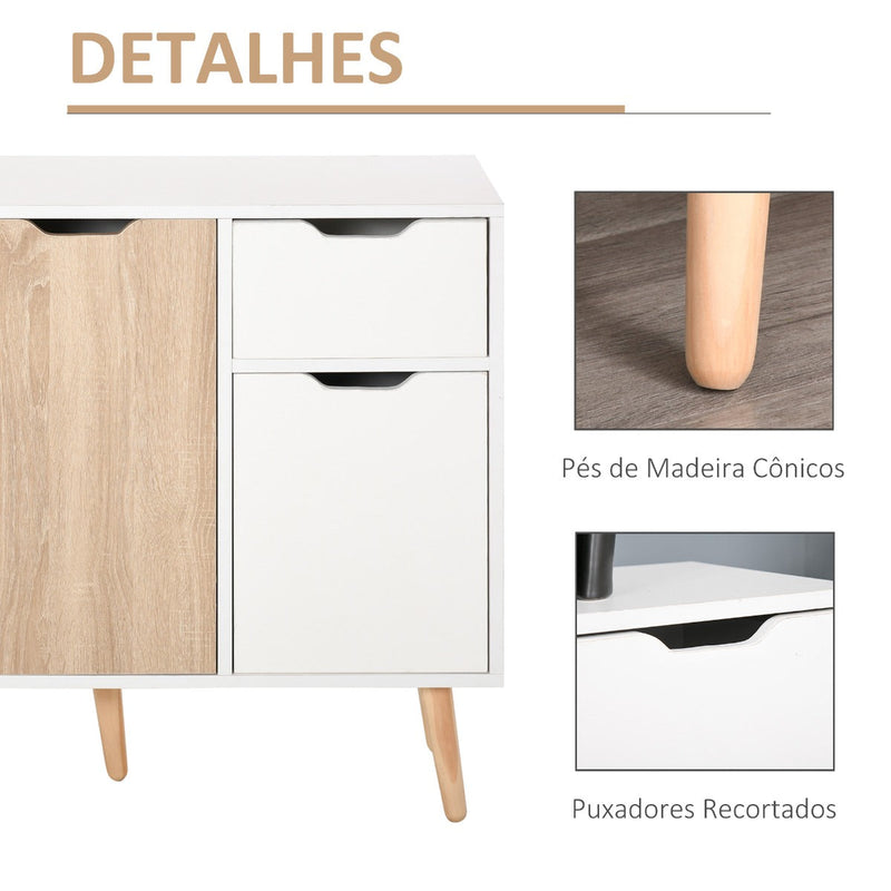 Aparador Móvel Auxiliar de Armazenamento com 2 Armários de Porta Gaveta Pés de Madeira para Sala de Estar Cozinha Dormitório 90x30x72cm Natural e Branco