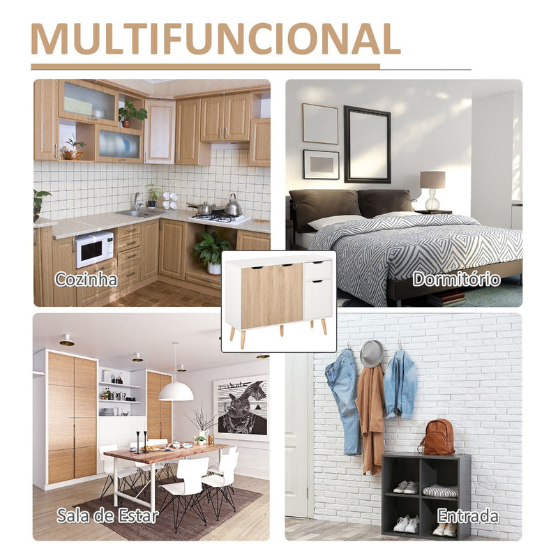 Aparador Móvel Auxiliar de Armazenamento com 2 Armários de Porta Gaveta Pés de Madeira para Sala de Estar Cozinha Dormitório 90x30x72cm Natural e Branco