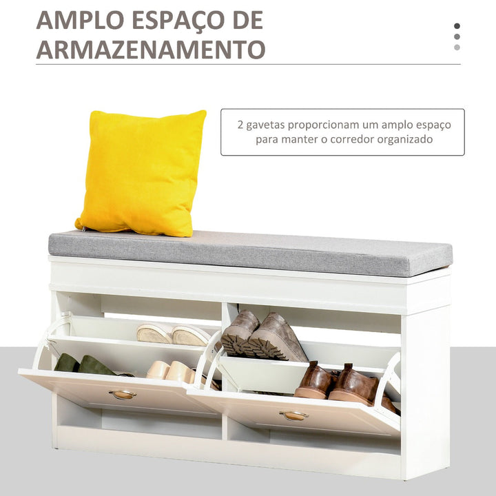 Banco Sapateiro com Armazenamento para 8 Pares de Sapatos com 2 Gavetas Prateleiras Ajustáveis e Almofada Acolchoada para Entrada Corredor 104x24x55cm Branco