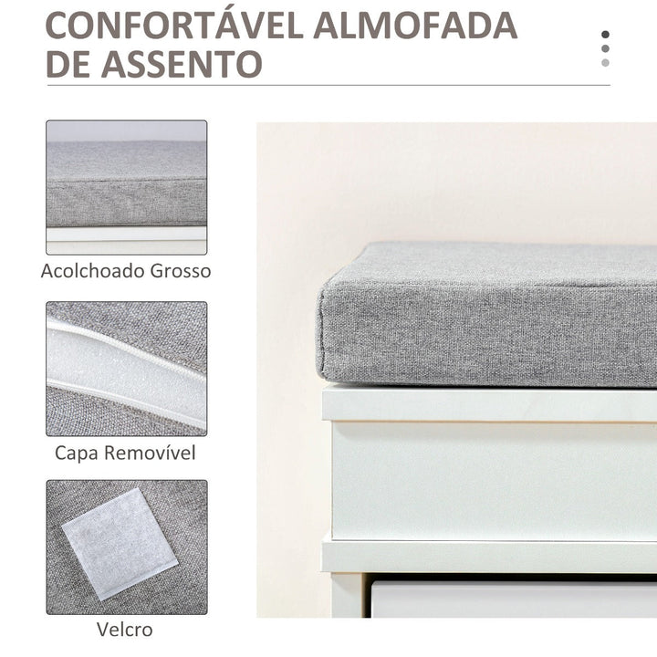 Banco Sapateiro com Armazenamento para 8 Pares de Sapatos com 2 Gavetas Prateleiras Ajustáveis e Almofada Acolchoada para Entrada Corredor 104x24x55cm Branco