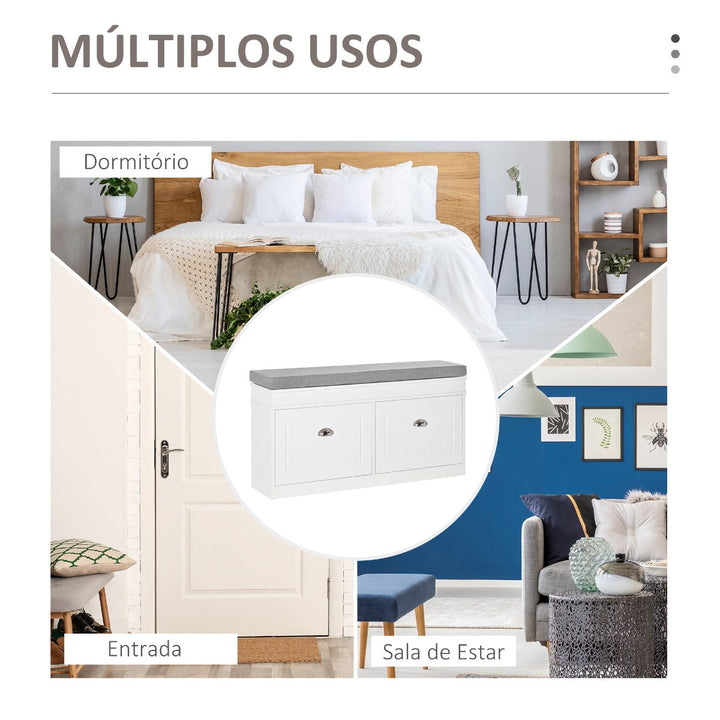 Banco Sapateiro com Armazenamento para 8 Pares de Sapatos com 2 Gavetas Prateleiras Ajustáveis e Almofada Acolchoada para Entrada Corredor 104x24x55cm Branco