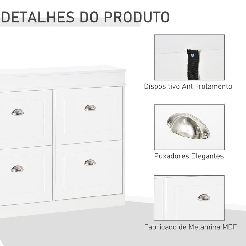 Móvel Sapateiro de 4 Portas Estreito com Prateleiras Ajustáveis e Removíveis Capacidade de 16 Pares para Corredor Entrada 98x24x83cm Branco