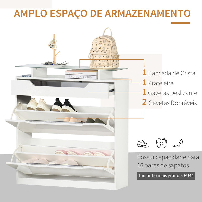 Móvel Sapateiro de 2 Portas Sapateiro Estreito para 16 Pares de Sapatos com Gaveta Prateleira Aberta e Bancada de Vidro para Corredor Entrada 89x23x96cm Branco