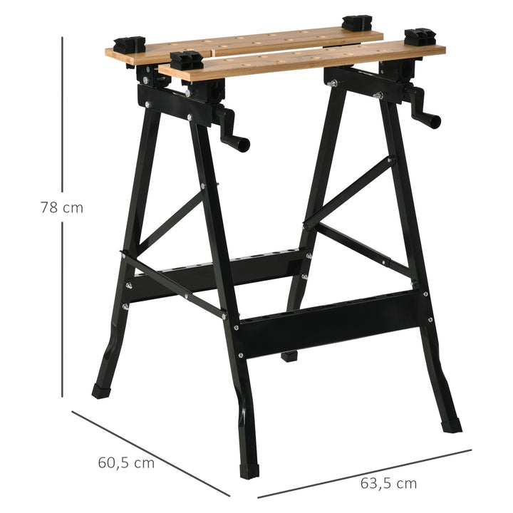 Bancada de Trabalho Dobrável Portátil com Placas Ajustáveis em Ângulo e Distância Bambú e Aço Carga Máx. 150kg 63,5x60x5x78cm Madeira Natural e Preto