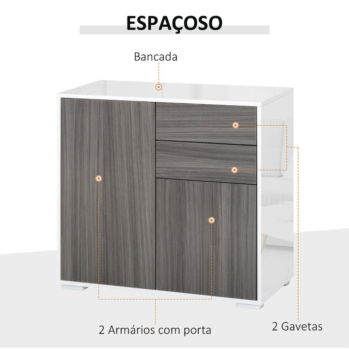 Aparador Auxiliar com 2 Portas 2 Gavetas e Prateleira Ajustável Abertura a Pressão Móvel Organizador de Armazenamento para Dormitório Sala de Estar 79x36x74cm Cinza