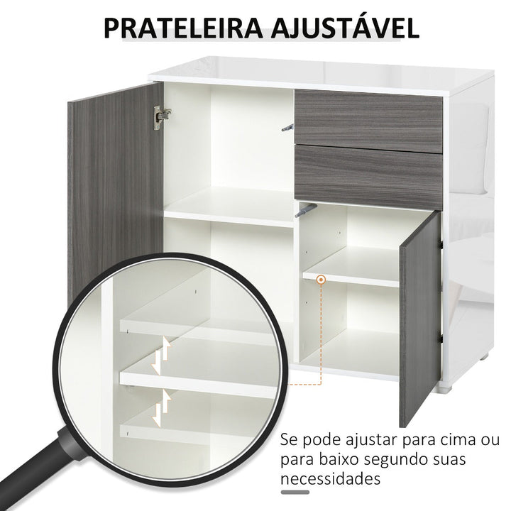 Aparador Auxiliar com 2 Portas 2 Gavetas e Prateleira Ajustável Abertura a Pressão Móvel Organizador de Armazenamento para Dormitório Sala de Estar 79x36x74cm Cinza