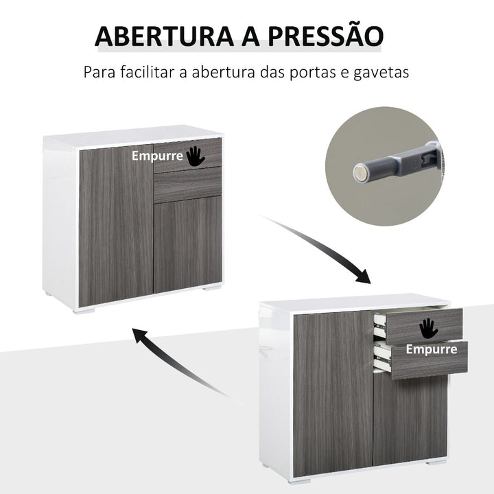 Aparador Auxiliar com 2 Portas 2 Gavetas e Prateleira Ajustável Abertura a Pressão Móvel Organizador de Armazenamento para Dormitório Sala de Estar 79x36x74cm Cinza