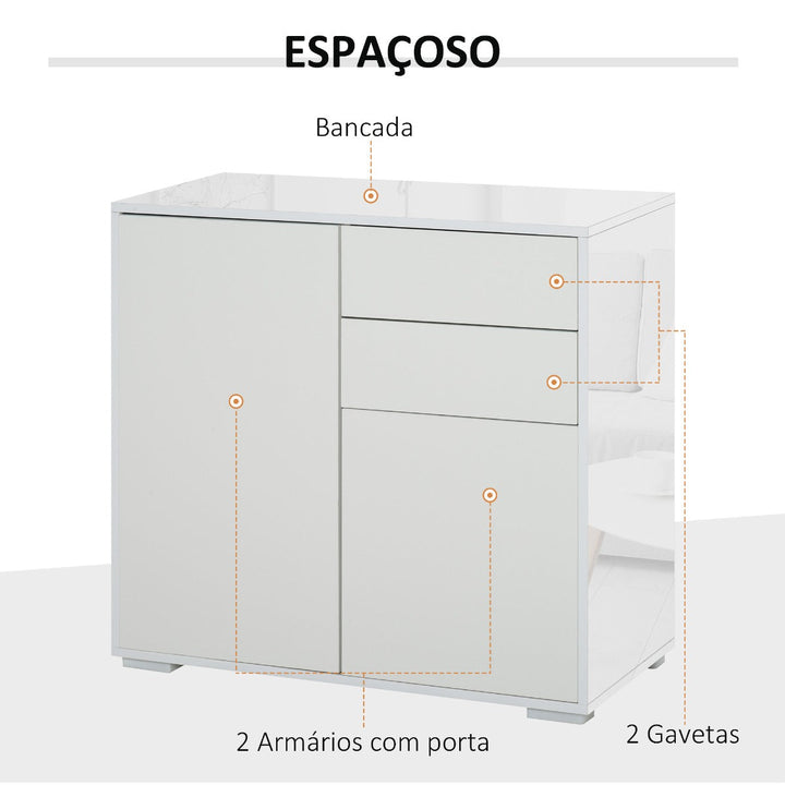 Aparador Auxiliar com 2 Portas 2 Gavetas e Prateleira Ajustável Abertura a Pressão Móvel Organizador de Armazenamento para Dormitório Sala de Estar 79x36x74cm Branco