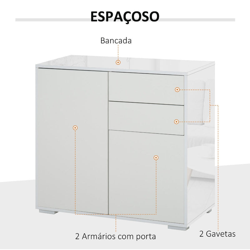 Aparador Auxiliar com 2 Portas 2 Gavetas e Prateleira Ajustável Abertura a Pressão Móvel Organizador de Armazenamento para Dormitório Sala de Estar 79x36x74cm Branco