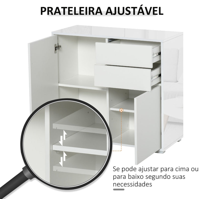 Aparador Auxiliar com 2 Portas 2 Gavetas e Prateleira Ajustável Abertura a Pressão Móvel Organizador de Armazenamento para Dormitório Sala de Estar 79x36x74cm Branco