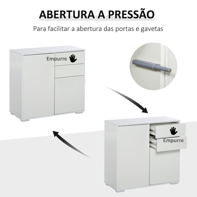 Aparador Auxiliar com 2 Portas 2 Gavetas e Prateleira Ajustável Abertura a Pressão Móvel Organizador de Armazenamento para Dormitório Sala de Estar 79x36x74cm Branco