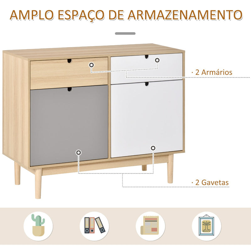 Aparador Auxiliar Móvel de Armazenamento com 2 Armários Fechados e 2 Gavetas Pés Elevados de Madeira de Pinho para Cozinha Dormitório Entrada 100x40x79,5cm Branco Cinza Madeira