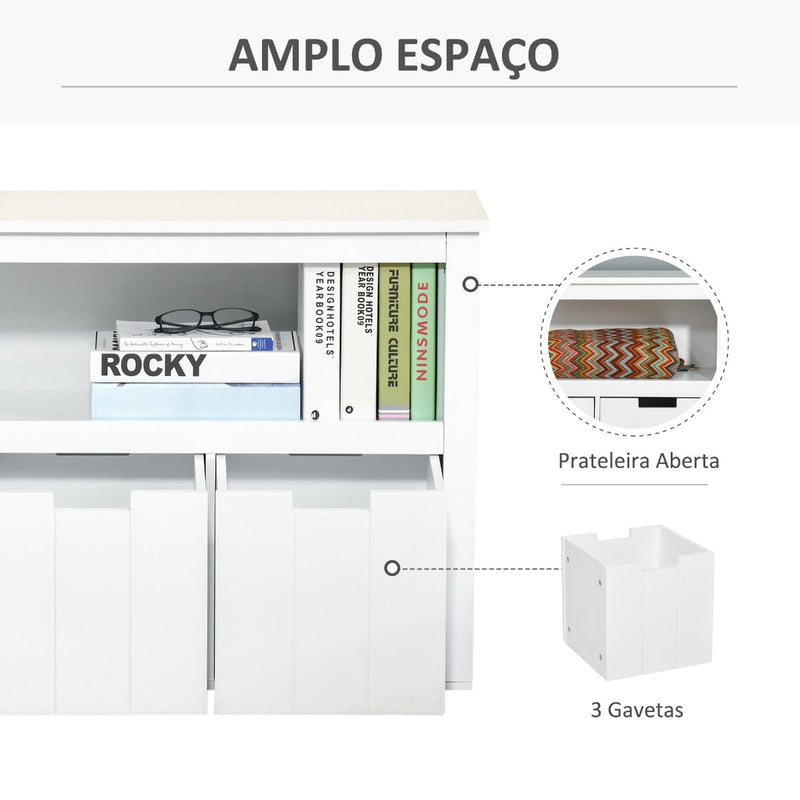 Aparador de Sala de Estar Armário Auxiliar de Armazenamento Moderno com Prateleira Aberta e 3 Gavetas para Dormitório Sala de Estar 102x33x61,5cm Branco