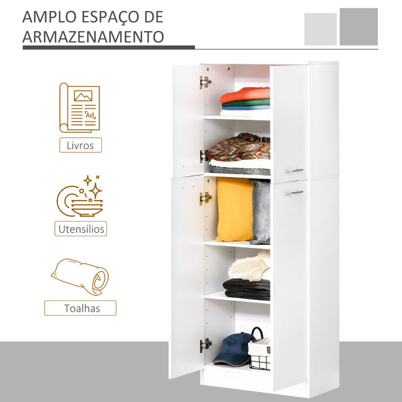 Armário Alto de 2 Portas Móvel Auxiliar de Armazenamento Multifuncional com 5 Prateleiras e Prateleiras Interiores Ajustáveis para Sala Dormitório Cozinha 59x31x155cm Branco