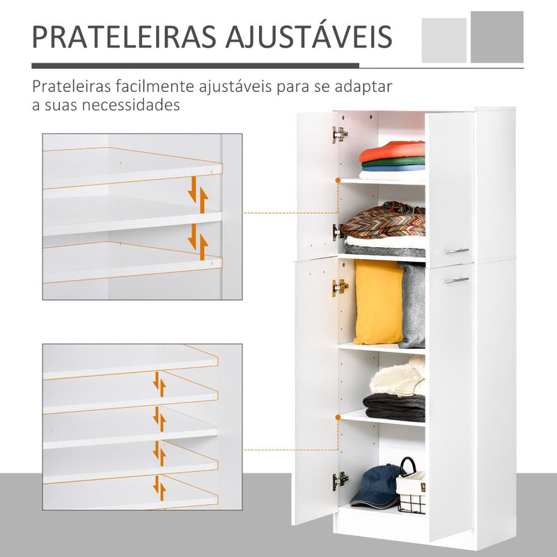 Armário Alto de 2 Portas Móvel Auxiliar de Armazenamento Multifuncional com 5 Prateleiras e Prateleiras Interiores Ajustáveis para Sala Dormitório Cozinha 59x31x155cm Branco