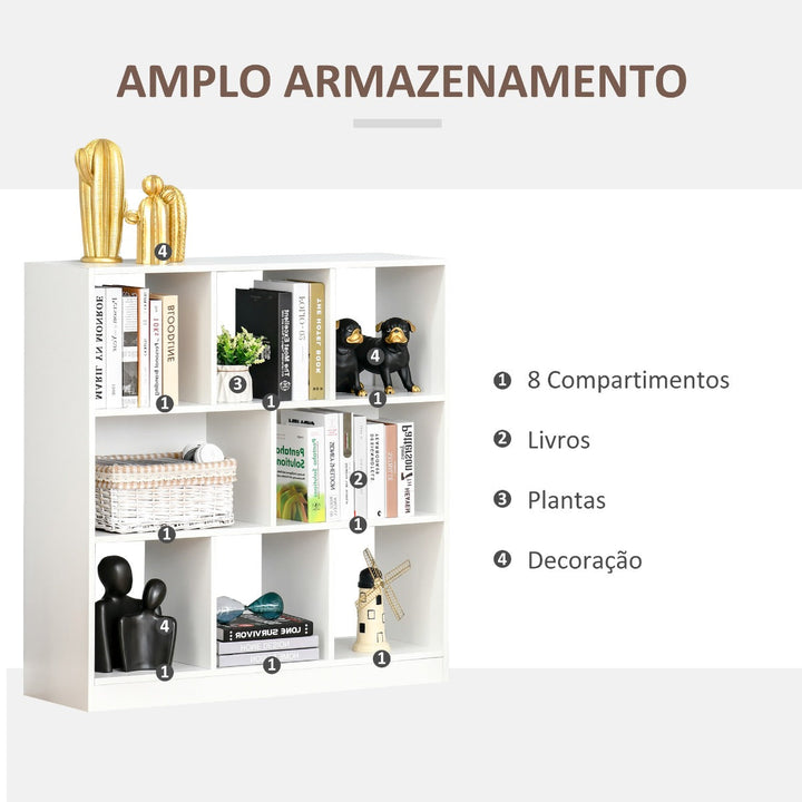 Estante para Livros com 8 Compartimentos Estante de Exposição Estilo Moderno para Sala de Estar Dormitório Escritório 97,5x30x100cm Branco