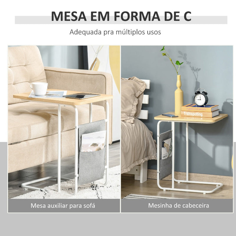 Mesa Auxiliar de Sofá em Forma de C com Bolsa de Armazenamento Removível Mesa Lateral para Sala de Estar Dormitório Escritório 37x48x55,8cm Carvalho e Branco