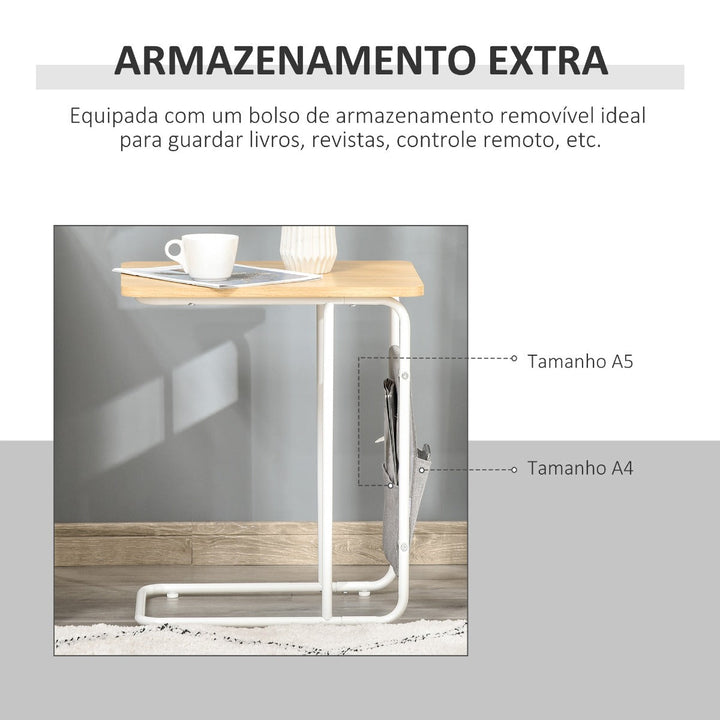 Mesa Auxiliar de Sofá em Forma de C com Bolsa de Armazenamento Removível Mesa Lateral para Sala de Estar Dormitório Escritório 37x48x55,8cm Carvalho e Branco