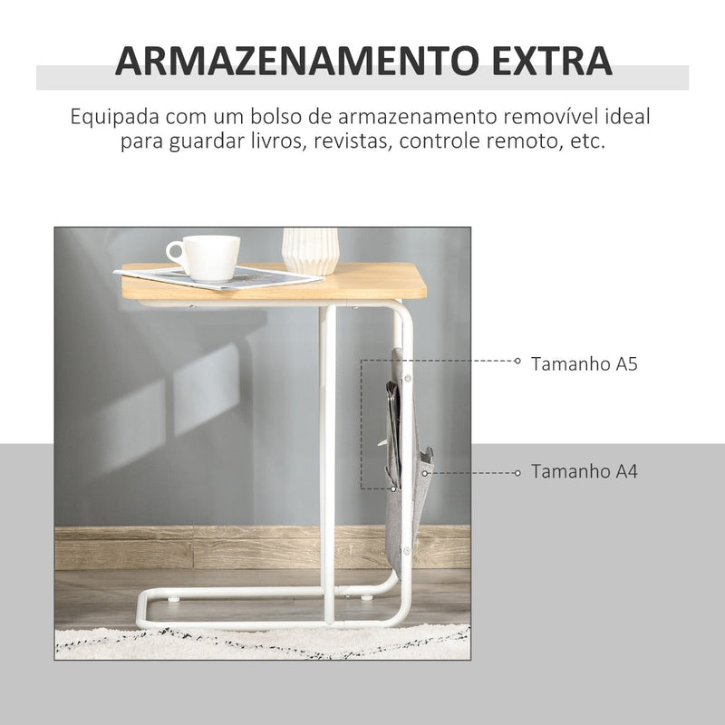 Mesa Auxiliar de Sofá em Forma de C com Bolsa de Armazenamento Removível Mesa Lateral para Sala de Estar Dormitório Escritório 37x48x55,8cm Carvalho e Branco