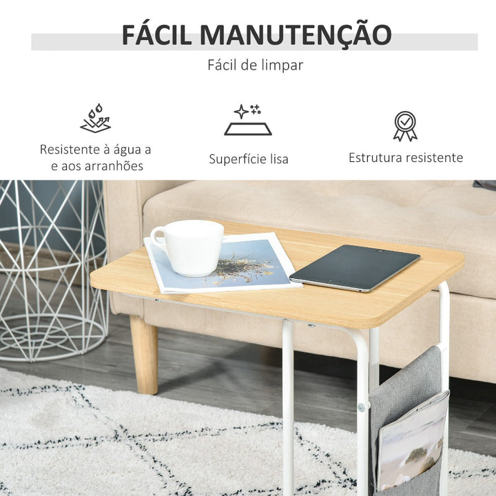 Mesa Auxiliar de Sofá em Forma de C com Bolsa de Armazenamento Removível Mesa Lateral para Sala de Estar Dormitório Escritório 37x48x55,8cm Carvalho e Branco
