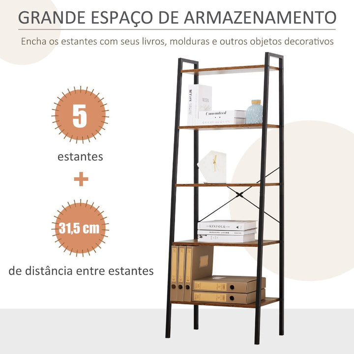 Estante de Estilo Industrial em Forma de Escada com 5 Prateleiras com Estrutura de Metal para Sala de Estar Dormitório Cozinha Escritório 56x34x160cm Marrom Rústico