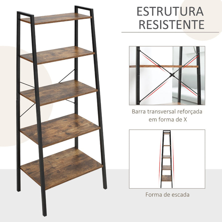 Estante de Estilo Industrial em Forma de Escada com 5 Prateleiras com Estrutura de Metal para Sala de Estar Dormitório Cozinha Escritório 56x34x160cm Marrom Rústico