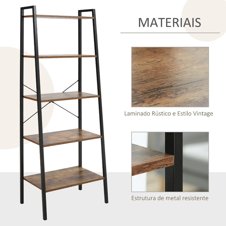 Estante de Estilo Industrial em Forma de Escada com 5 Prateleiras com Estrutura de Metal para Sala de Estar Dormitório Cozinha Escritório 56x34x160cm Marrom Rústico