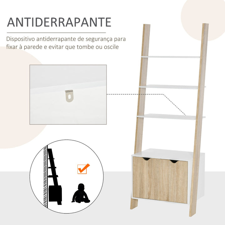 Estante em Forma de Escada de Madeira com 3 Prateleiras e 1 Armário Estante de Estilo Nórdico Moderno 60x40x171cm Carvalho e Branco