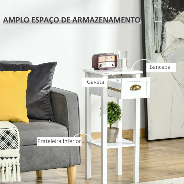 Mesa Auxiliar Mesa de Cabeceira com Gaveta e Prateleira de Armazenamento Estilo Moderno para Sala de Estar Dormitório 30x30x75cm Branco