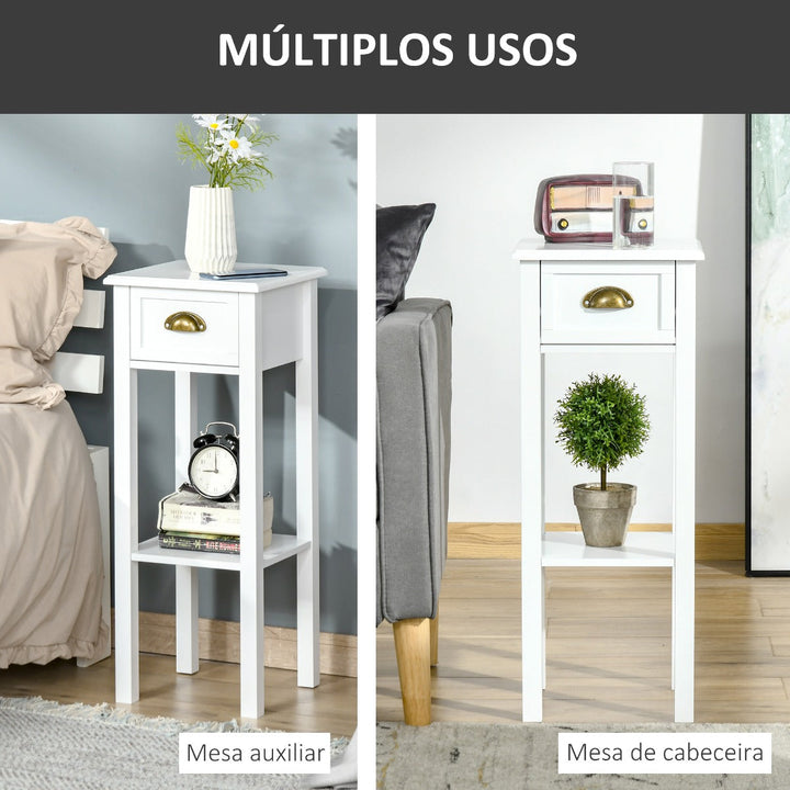 Mesa Auxiliar Mesa de Cabeceira com Gaveta e Prateleira de Armazenamento Estilo Moderno para Sala de Estar Dormitório 30x30x75cm Branco
