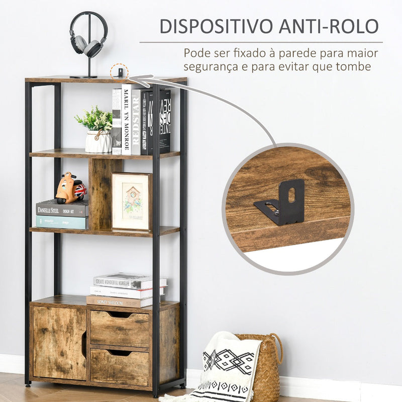 Estante para Livros com Armário e 2 Gavetas de Armazenamento Estante Estilo Industrial para Escritório Sala de Estar 58x24x122cm Marrom Rústico