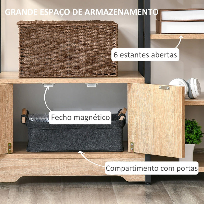 Estante para Livros com Múltiplas Prateleiras Abertas e 1 Armário com Porta Dupla Estante de Armazenamento para Escritório Sala de Estar 80x35x97cm Madeira Natural