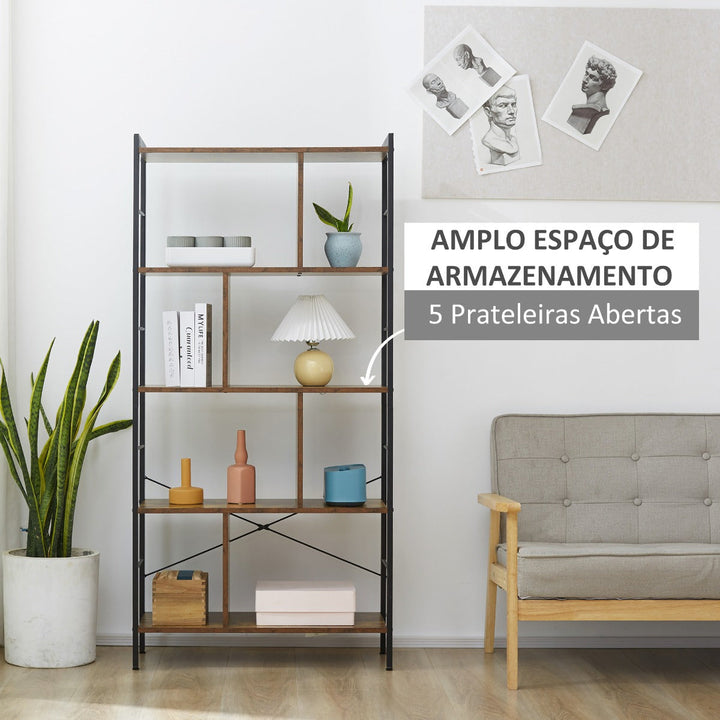 Estante para Livros de 4 Níveis com 8 Compartimentos de Armazenamento Estilo Industrial para Sala de Estar Escritório Dormitório 74x30x157,5cm Marrom Rústico