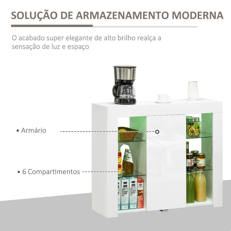 Aparador Moderno com Luzes LED Móvel Buffet com 1 Porta com Fechamento a Pressão e Prateleiras Ajustáveis Controle Remoto 97x35x83cm Branco