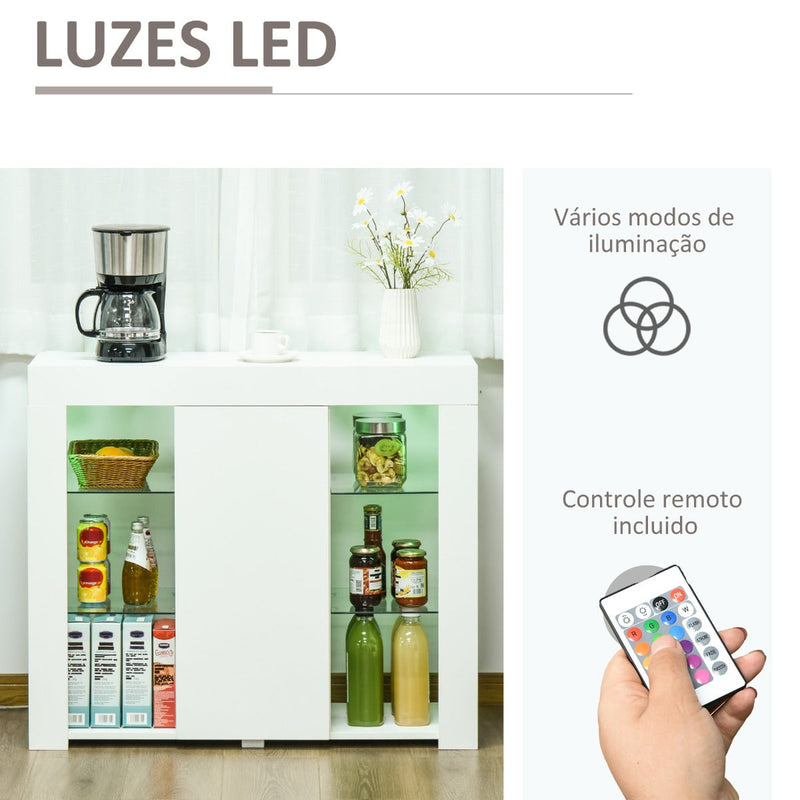 Aparador Moderno com Luzes LED Móvel Buffet com 1 Porta com Fechamento a Pressão e Prateleiras Ajustáveis Controle Remoto 97x35x83cm Branco