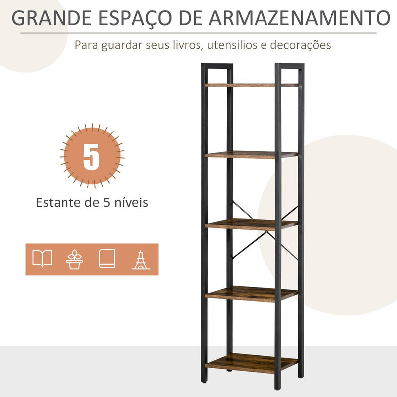 Estante de Estilo Industrial de 5 Níveis Estante para Livros de Armazenamento com Estrutura de Aço para Sala de Estar Escritório Cozinha Dormitório 40x30x154cm Marrom Rústico