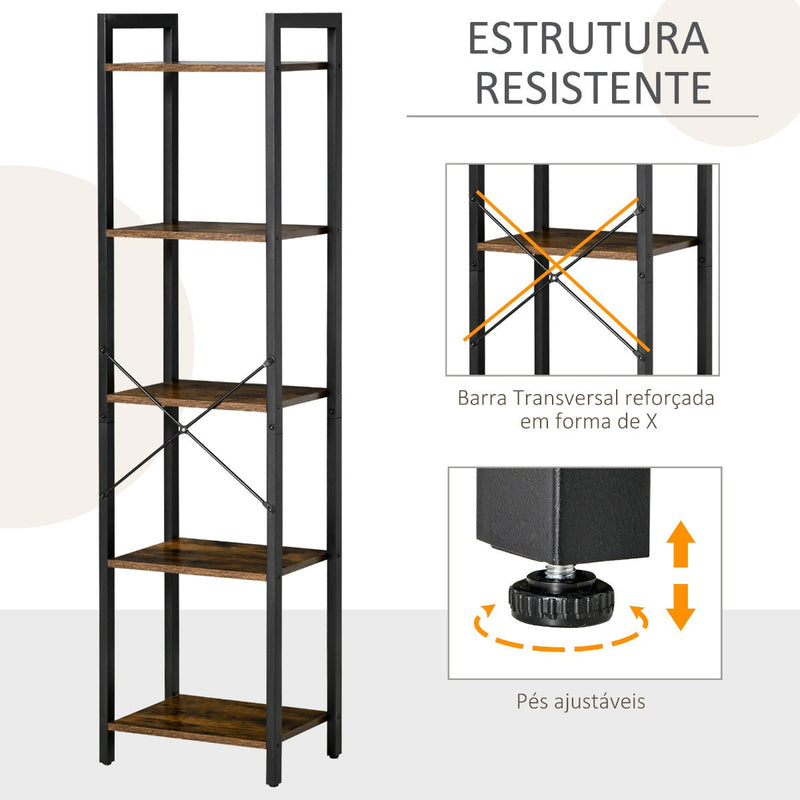 Estante de Estilo Industrial de 5 Níveis Estante para Livros de Armazenamento com Estrutura de Aço para Sala de Estar Escritório Cozinha Dormitório 40x30x154cm Marrom Rústico