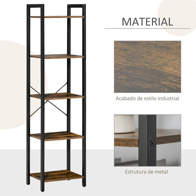 Estante de Estilo Industrial de 5 Níveis Estante para Livros de Armazenamento com Estrutura de Aço para Sala de Estar Escritório Cozinha Dormitório 40x30x154cm Marrom Rústico