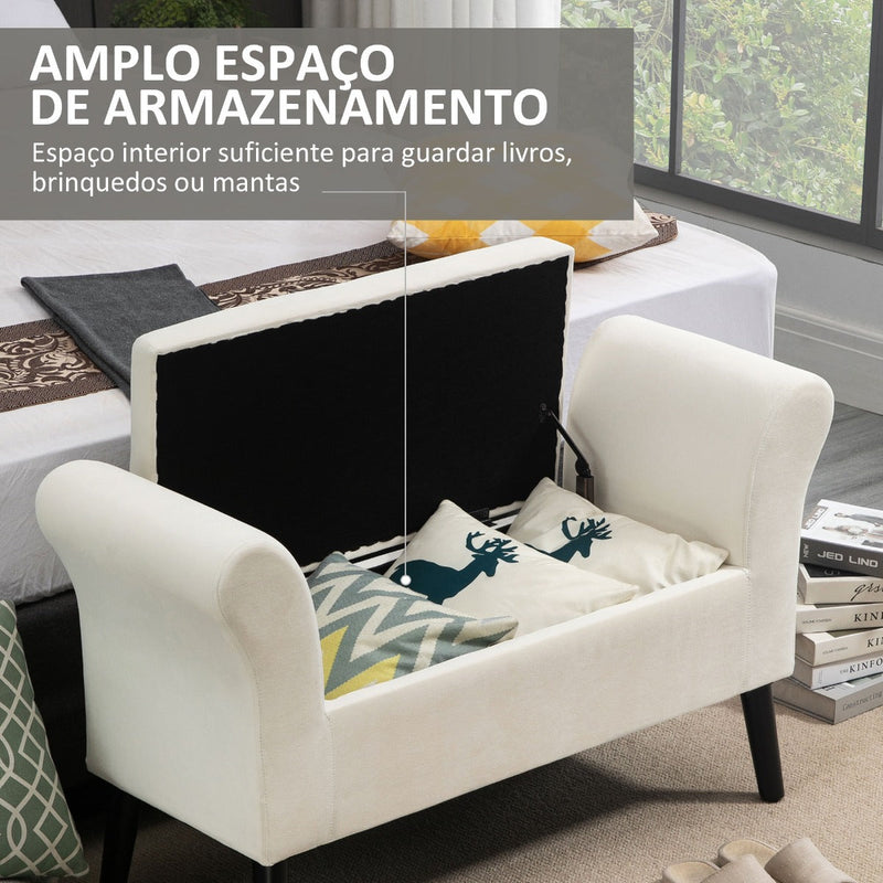 Banco para Pé de Cama Estofado em Veludo Banco de Armazenamento Acolchoado com Tampa Apoio para os Braços Pés de Madeira para Dormitório Sala de Estar 111,5x41x65cm Branco Creme