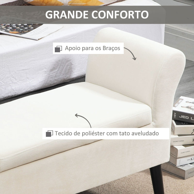 Banco para Pé de Cama Estofado em Veludo Banco de Armazenamento Acolchoado com Tampa Apoio para os Braços Pés de Madeira para Dormitório Sala de Estar 111,5x41x65cm Branco Creme