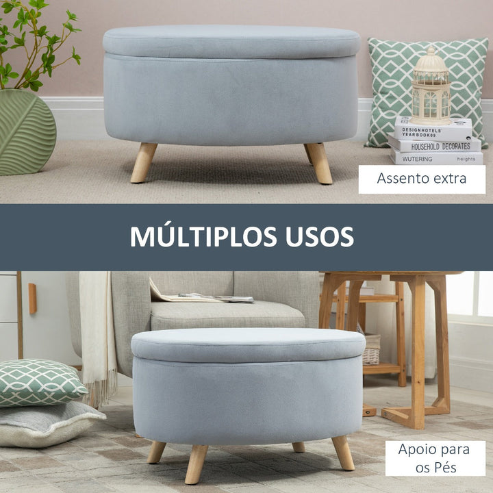 Otomano Puff Estofado em Veludo Acolchoado Banco de Armazenamento com Tampa Removível e Pés de Madeira para Dormitórios Sala de Estar Corredor 71x51,5x42 Cinza