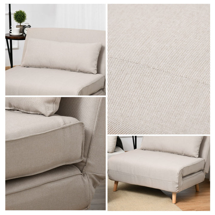 Sofá-cama estofado individual com almofada acolchoada e encosto ajustável em 3 posições Pernas dobráveis ocultas 95x95x80 cm Bege