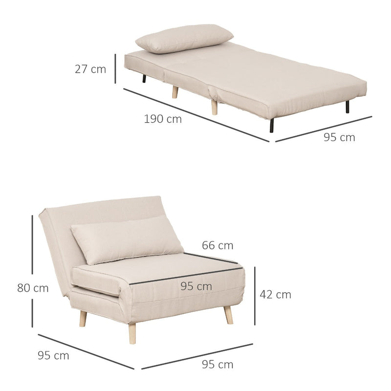 Sofá-cama estofado individual com almofada acolchoada e encosto ajustável em 3 posições Pernas dobráveis ocultas 95x95x80 cm Bege