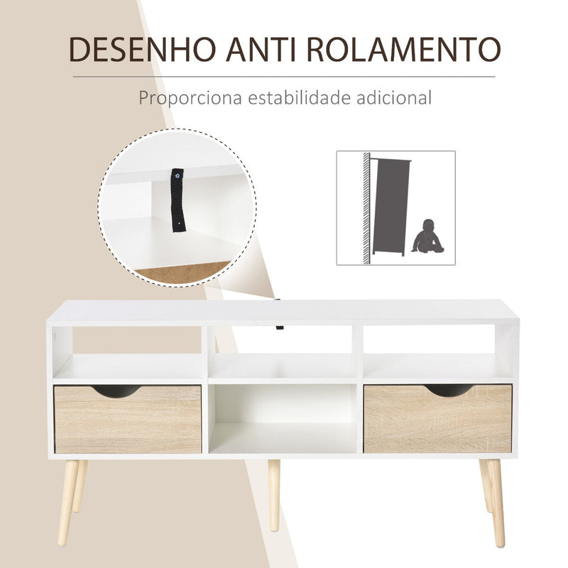 Móvel de TV com 2 Gavetas e 4 Compartimentos Pés de Madeira Dispositivo Anti Rolamento para Sala de Estar 117x39x57cm Branco e Madeira Natural