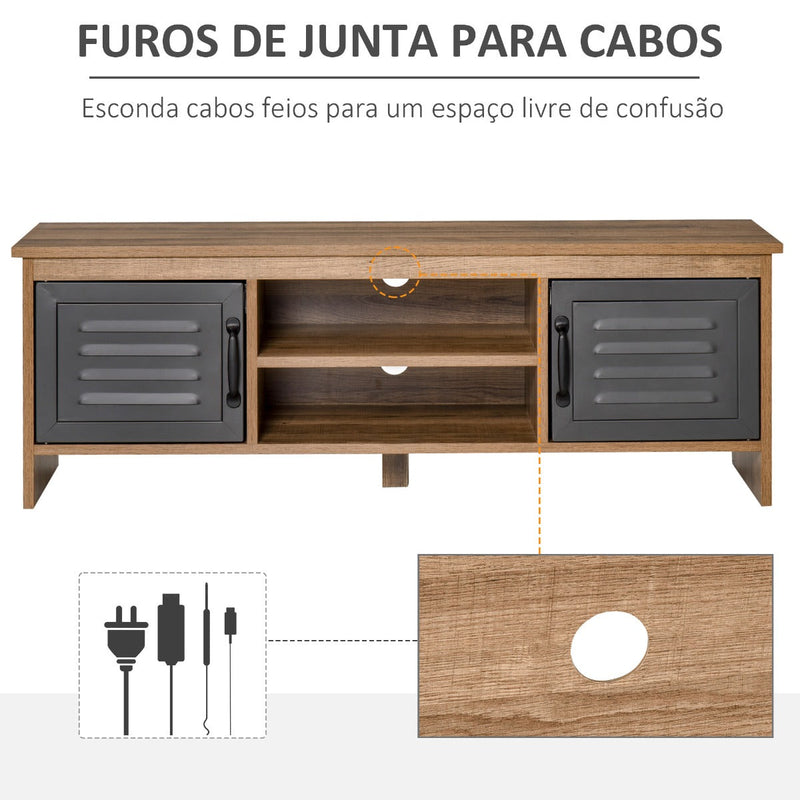 Armário de TV para televisores de 42 "com 2 compartimentos fechados com portas de metal e 2 estantes 109x35x38 cm Madeira natural e cinza