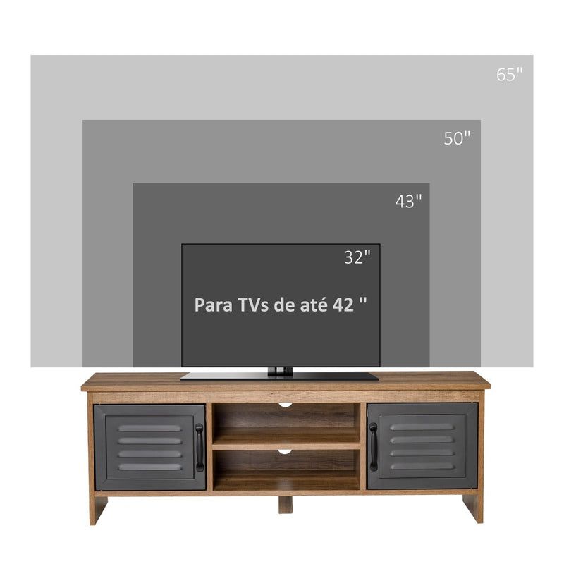 Armário de TV para televisores de 42 "com 2 compartimentos fechados com portas de metal e 2 estantes 109x35x38 cm Madeira natural e cinza