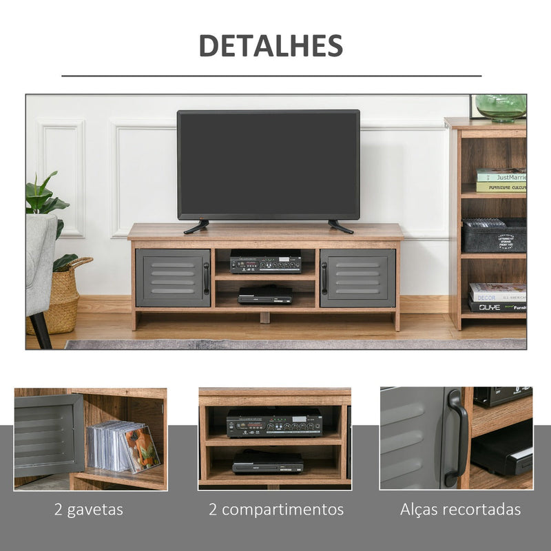 Armário de TV para televisores de 42 "com 2 compartimentos fechados com portas de metal e 2 estantes 109x35x38 cm Madeira natural e cinza