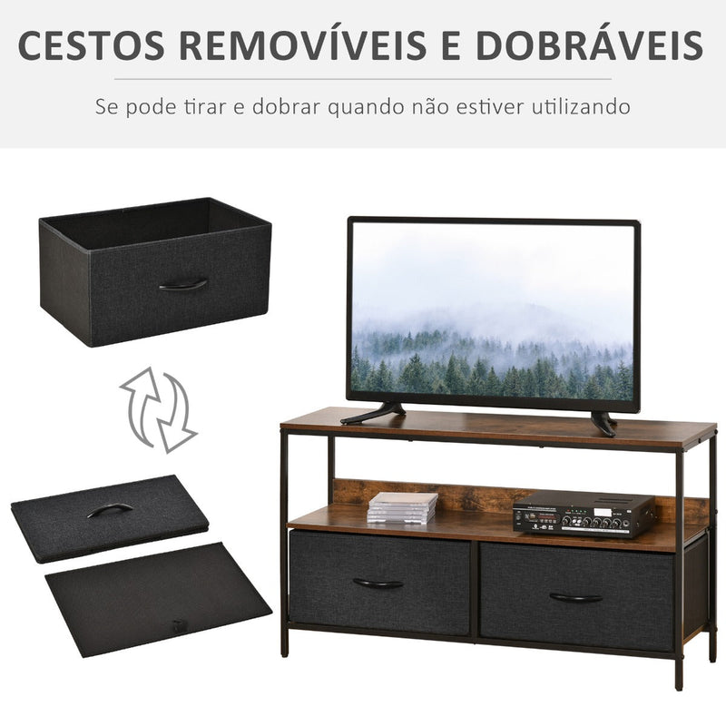 Móvel de TV até 47” Móvel de TV Industrial com Prateleira e 2 Cestos de Tecido Dobráveis para Sala de Estar Dormitório Estrutura de Metal 98x29x56cm Marrom Rústico e Preto