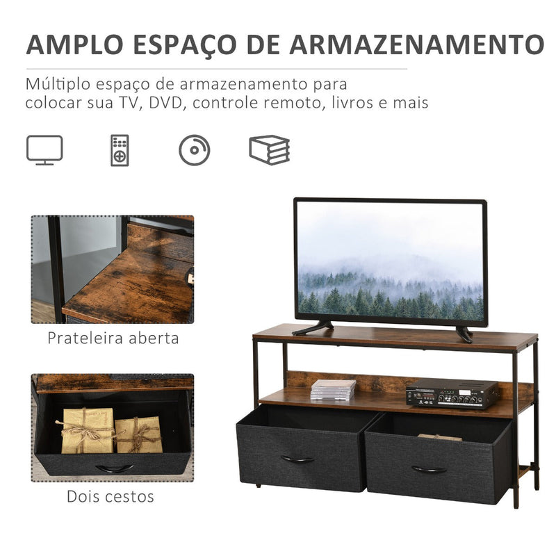 Móvel de TV até 47” Móvel de TV Industrial com Prateleira e 2 Cestos de Tecido Dobráveis para Sala de Estar Dormitório Estrutura de Metal 98x29x56cm Marrom Rústico e Preto