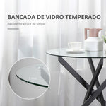 Mesa de Sala de Jantar Redonda com Bancada de Cristal Temperado Transparente e Pés Cruzados de Metal Mesa de Centro Moderna Ø80x75cm Preto